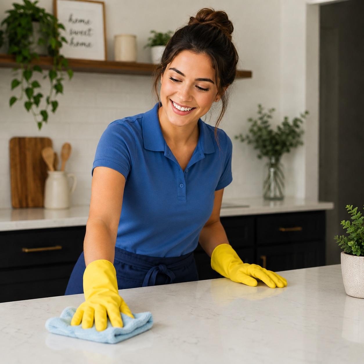 Woman wiping a kitchen countertop while cleaning