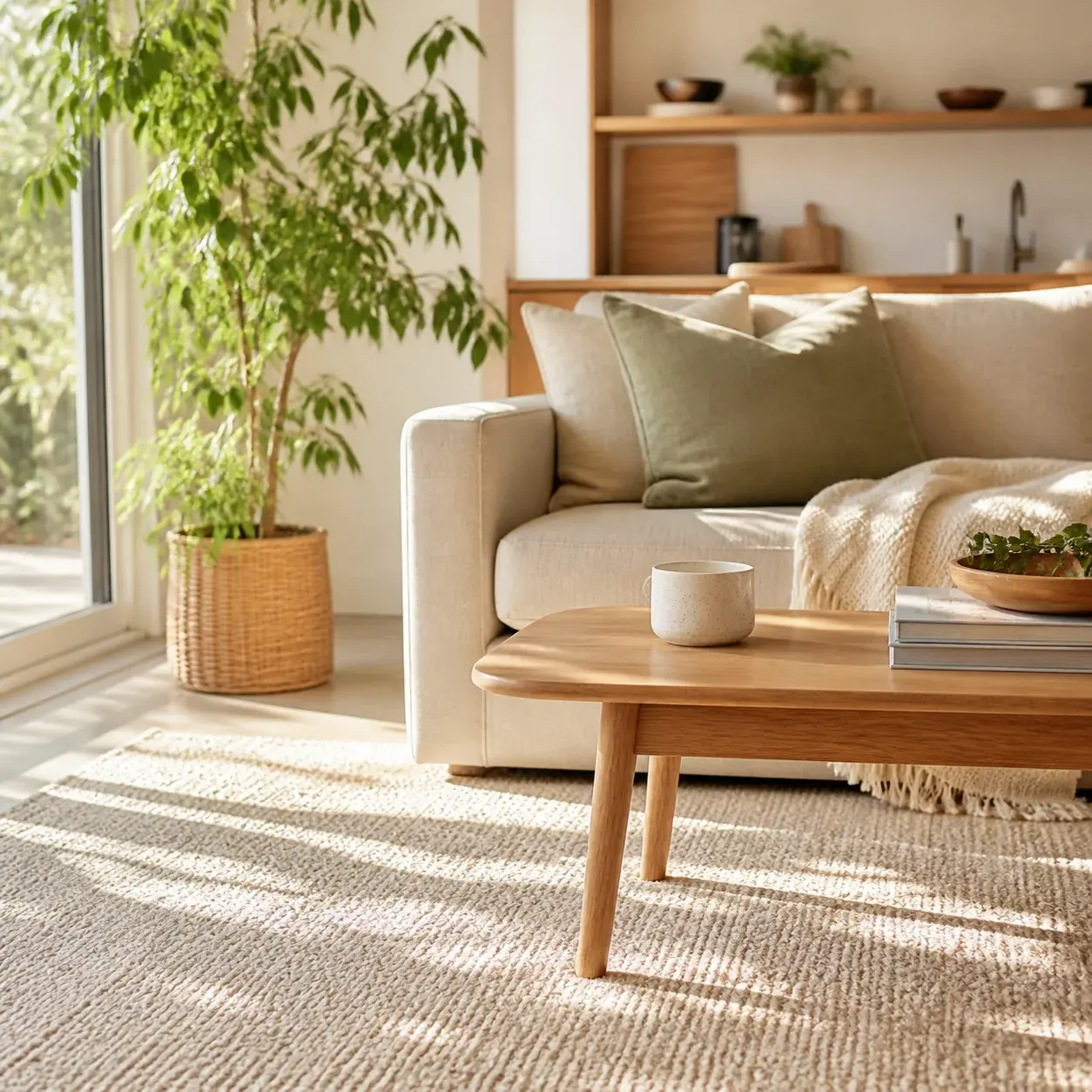 Inviting living room with a linen sofa, oak coffee table, and soft natural light
